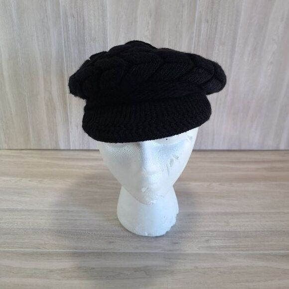 Black Knit Cap Braided Cable Newsboy Style Ribbed Brim Winter Hat Unisex - Picture 2 of 7